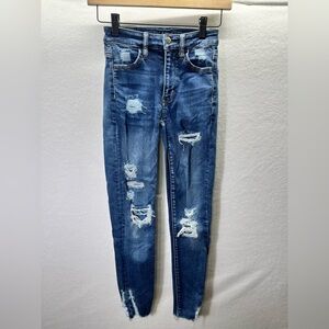 American Eagle Super Hi-Rise Jegging Jeans Womens 00 Short Blue Distressed 2196